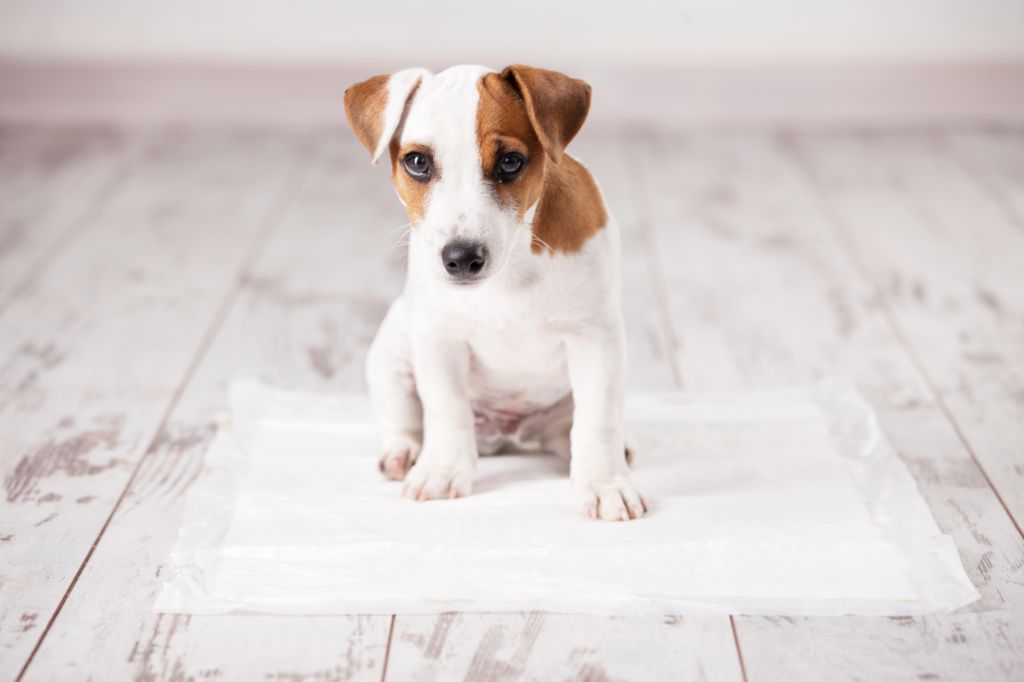 Puppy on absorbent puupy training pad.