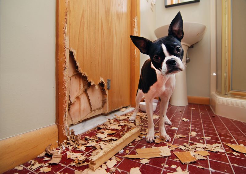 A tiny Boston terrier puppy chews a hole in the bathroom door